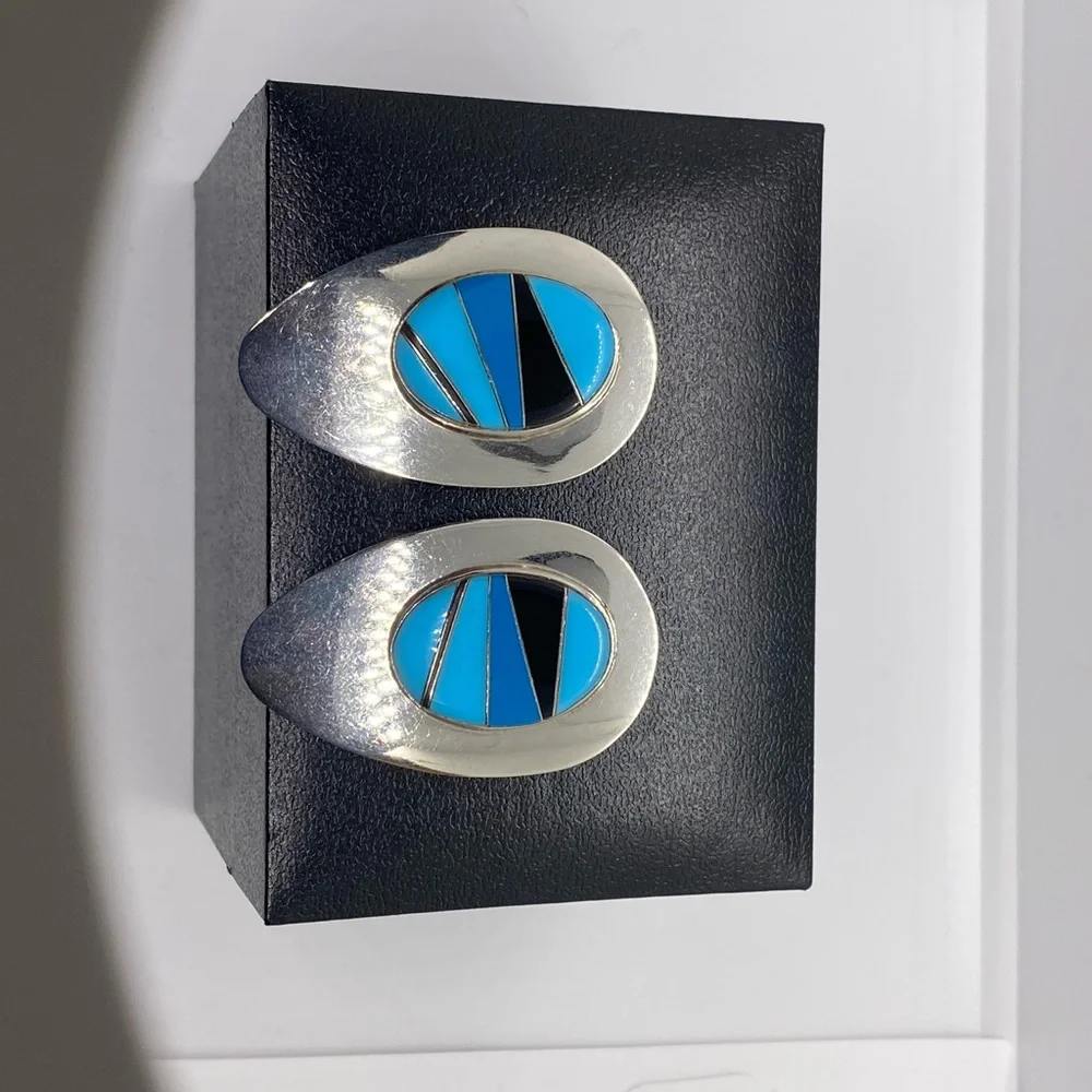 Sterling Silver Block Multi Stone Inlay Post Earrings SIGNED turquoise Navajo - Picture 16 of 16